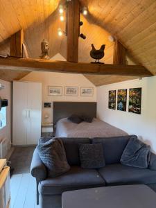 a living room with a couch and a bed at Stubbhuggets Lillstuga in Trosa