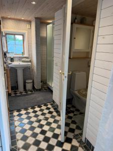 a bathroom with a sink and a toilet at Stubbhuggets Lillstuga in Trosa +37 photos