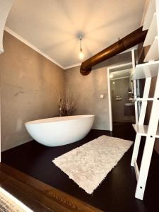 a bathroom with a large white tub in a room at Atemberaubende Ferienwohnung direkt am See in Brienz