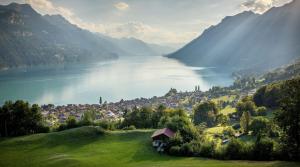a view of a lake and a town on a hill at Atemberaubende Ferienwohnung direkt am See in Brienz