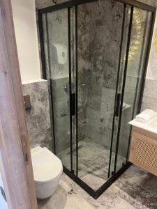a bathroom with a shower and a toilet at Ciftlique Otel Cesme in Çeşme +91 photos