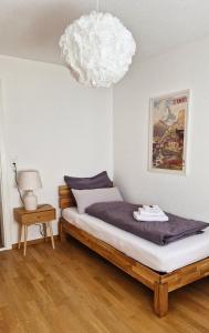 a bedroom with a bed and a chandelier at Swiss Lakeside Apartments in Spiez +105 photos
