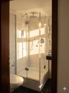 a bathroom with a glass shower with a toilet at Malerwinkel Hotel in Wertheim +19 photos