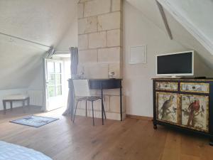 a bedroom with a television and a dresser with a tv on it at La Boire Bavard in Blaison