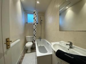 a bathroom with a sink and a toilet and a mirror at Modern 2 bed ground floor flat in Watford