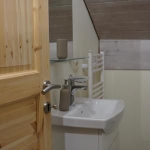 a bathroom with a sink and a mirror at IškAAdventure-appertment in Ig