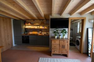 a kitchen with black cabinets and a flat screen tv at Studio Apartment Lindennest in Waging am See +9 photos