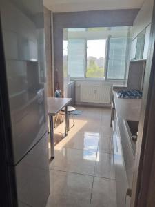 a kitchen with a refrigerator and a table in it at Ezzely apartment ParkLake in Bucharest +7 photos