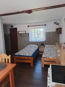 a room with two beds and a kitchen with a stove at Malinowy Gaj - Agroturystyka z alpakami i innymi zwierzętami in Świętajno