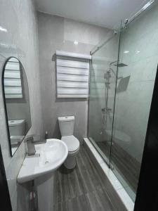 a bathroom with a toilet and a shower and a sink at Kennys place in Isaga-Abosule