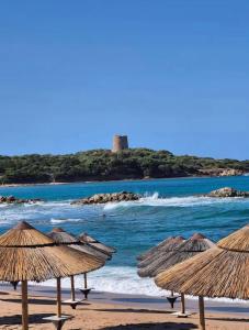 a group of straw umbrellas on a beach with the ocean at Sardegna selvaggia a due passi dal mare in Vignola Mare