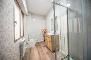 a bathroom with a toilet and a glass shower at Villa Artista home in Pontevedra