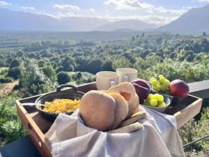 a tray of food sitting on a table with a view at Ampe Lodge in Puerto Varas