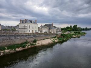 a group of houses and a river with buildings at Maison Angers bord de loire, rue Jules Quelin in Les Ponts-de-Cé