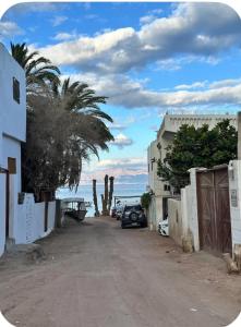 a street with palm trees and a car parked on the road at Omar Cozy in Dahab