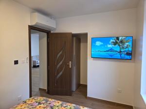 a bedroom with a bed and a tv on a wall at Le Nid d'Étoiles in Schiltigheim