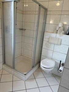 a bathroom with a shower and a toilet at Ferienwohnung Haus Lohne in Lohne