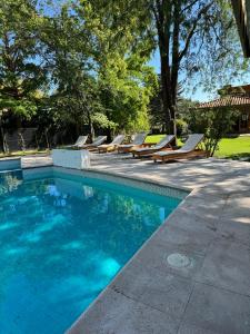 a swimming pool with chaise lounge chairs and trees at Terracampo Apart in Ciudad Lujan de Cuyo