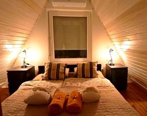 a bedroom with a bed with two pairs of shoes on it at Velencei Odú in Velence