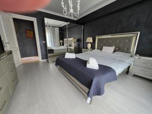 a bedroom with a large bed and a large mirror at JohnResidence in Valea Lupului