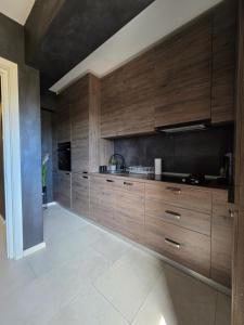 a large kitchen with wooden cabinets and a large appliance at JohnResidence in Valea Lupului