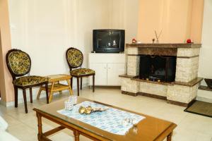 a living room with a fireplace and a tv at Myrtus House in Kato Loutraki