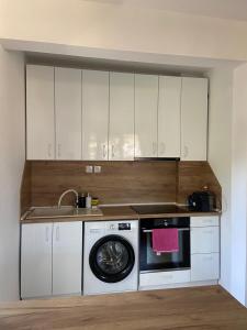 a kitchen with a sink and a washing machine at Emis apartment in Targovishte