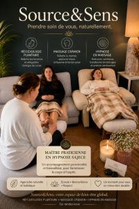 a flyer for a spa with two women sitting in chairs at T2 POMPERTUZAT Calme avec parking in Pompertuzat