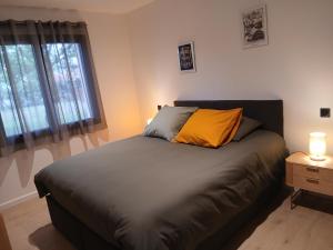 a bedroom with a bed with a yellow pillow on it at L'Etape de Charme in Bourdeaux