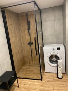 a bathroom with a washing machine and a washer at Apartament Ostrzyce in Ostrzyce
