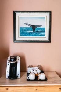a picture of a bird flying over a table with a coffee maker at Auberge la Rosepierre bistro Henri in Grandes-Bergeronnes