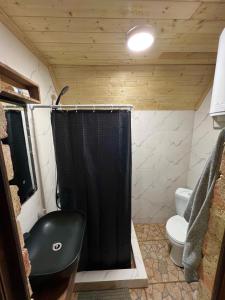a bathroom with a shower with a sink and a toilet at kirke in Tsesi