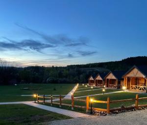 a group of lodges in a field at night at Domki Sudecka Przystań in Duszniki Zdrój