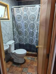 ein Badezimmer mit Toilette und Duschvorhang in der Unterkunft Humedal2 in El Culenar
