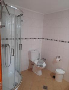 a bathroom with a toilet and a glass shower at Angelos aparts in Arillas +224 photos