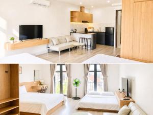 two pictures of a room with two beds and a kitchen at Fame Apartment in Dong Hoi