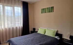 a bedroom with a bed with green pillows and a window at Belogradchik View Apartment in Belogradchik