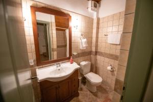 a bathroom with a sink and a toilet and a mirror at Olive Cottage in Skopelos Town +50 photos