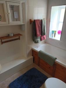 a bathroom with a tub and a toilet and a window at Beechwood Farmhouse in Yelverton