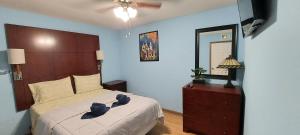 a bedroom with a bed and a dresser and a mirror at Great location to explore Houston in Houston