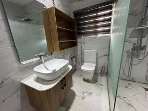 a bathroom with a sink and a toilet at Tombell Homes in Ibadan