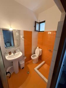 a bathroom with a white toilet and a sink at Vila Katerina Qeparo in Qeparo +15 photos