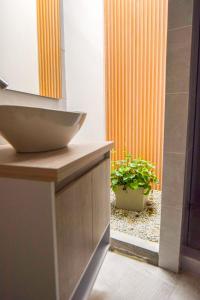a bathroom with a sink and a potted plant at Hotel Fuente Real Popayán in Popayan +40 photos