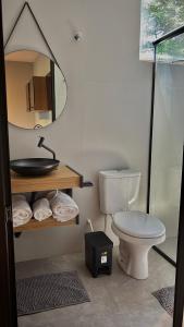 a bathroom with a toilet and a mirror at Residencial Zoe 101 in Foz do Iguaçu