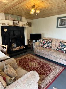 a living room with two couches and a fireplace at Carrick Cottage - Mourne Mountains in Annalong