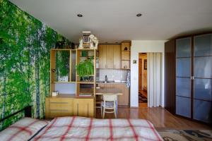 a bedroom with a bed and a kitchen at Apartmán Brezy in Martinske Hole