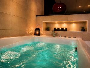 a bath tub filled with blue water in a bathroom at Appart' Spa et Sauna Privatif Au Cœur De Beaune in Beaune