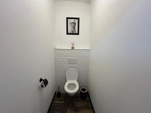 a bathroom with a toilet in a white wall at Maison d'hôtes et gîte - Les 4 saisons de Manon in Tourtoirac +9 photos