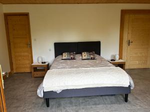 a bedroom with a large bed with two wooden doors at Le cocon alpin in Passy +1 photo