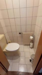 a white bathroom with a toilet and a tub at Ferienwohnung Aiubi in Attnang-Puchheim